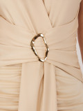 Béžové elegantné midi šaty s prekladaným výstrihom a riasením