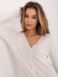 Biely ažúrový pulóver na gombíky s V-výstrihom