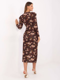 Hnedé kvetované midi šaty s prekladaným výstrihom