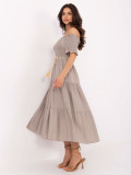 Béžové letné midi šaty s off-shoulder strihom