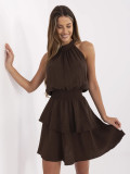 Tmavohnedé minišaty s volánom a viazaním