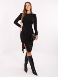 Elegantné čierne midi puzdrové šaty s dlhým rukávom a riasením