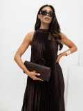 Koktejlové midi šaty s viazaním a volánom, hnedé