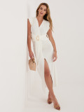 Elegantné midi šaty s prekladaným výstrihom a riasením, ecru