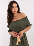 Khaki letné midi šaty s off-shoulder strihom