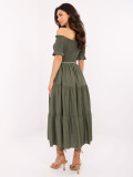 Khaki letné midi šaty s off-shoulder strihom