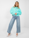Dámska tyrkysová džínsová bunda s kvetinovou aplikáciou