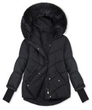 Dámska prešívaná zimná bunda s kožušinou – tmavomodrá