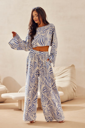 Modré wide leg nohavice s ľanom