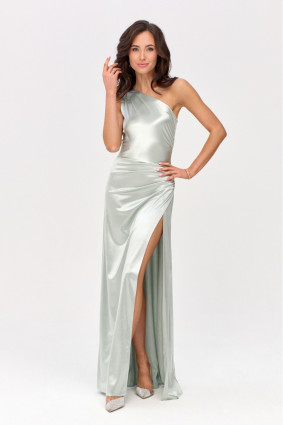 Saténové maxi šaty na jedno rameno v mätovej farbe