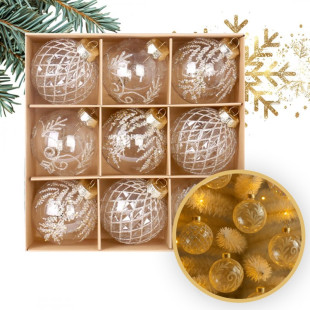 Ozdoby na stromček transparentná/zlatá, 8 cm, 9 kusov