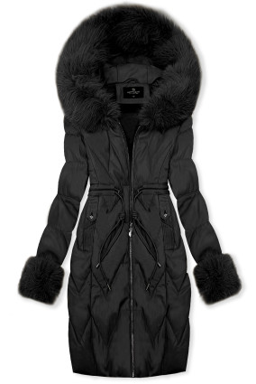 Zimný koženkový kabát s umelou kožušinou, čierny