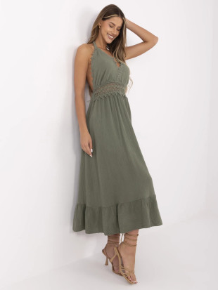 Boho šaty s volánmi v khaki farbe