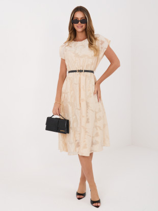 Béžové rozšírené midi šaty s opaskom
