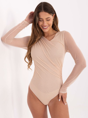 Béžové elegantné body s aplikáciou a dlhým rukávom