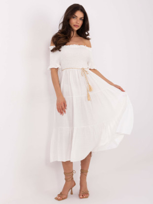 Ecru letné midi šaty s off-shoulder strihom