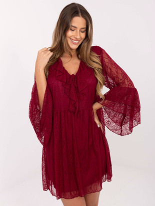 Bordové áčkové mini šaty s čipkou a viazaním