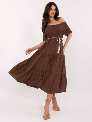 Hnedé letné midi šaty s off-shoulder strihom