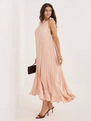 Broskyňové koktejlové midi šaty s volánom a viazaním