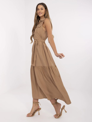 Elegantné maxi šaty s volánmi camel hnedé