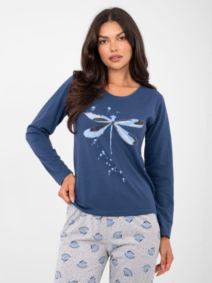 Dámske bavlnené pyžamo s dlhým rukávom, tmavomodré