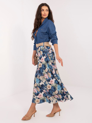 Elegantná midi sukňa s kvetinovým vzorom a opaskom, tmavomodrá
