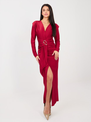 Červené elegantné maxi šaty s dlhým rukávom a prekladaným výstrihom