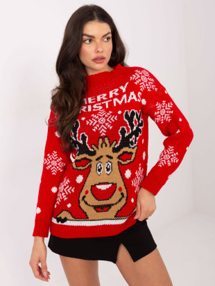 Červený pulóver s polorolákom a potlačou