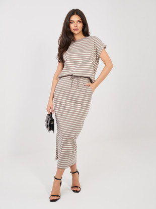 Béžová midi sukňa s pásikmi a vreckami