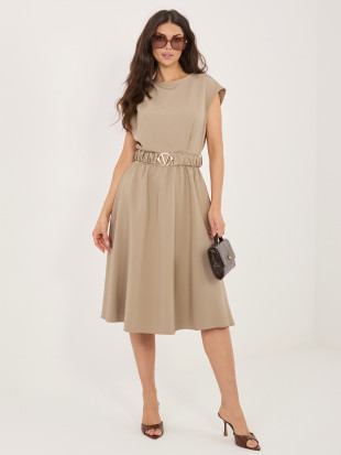 Béžové rozšírené midi šaty s opaskom