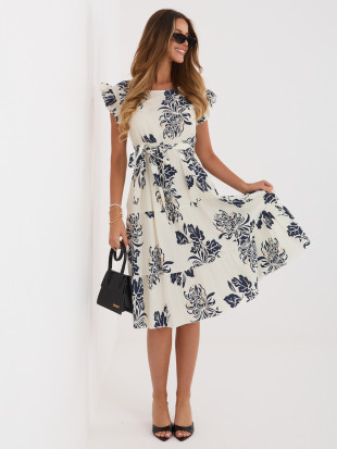 Tmavomodré midi šaty s potlačou a opaskom