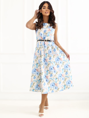 Svetlomodré rozšírené midi šaty s opaskom