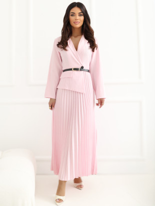 Elegantné rozšírené midi šaty s opaskom a golierom, ružové
