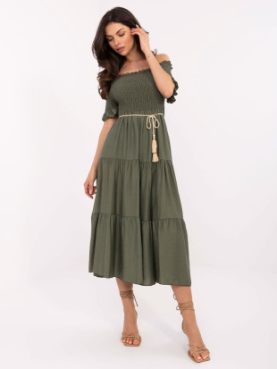Khaki letné midi šaty s off-shoulder strihom