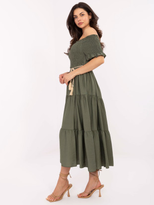 Khaki letné midi šaty s off-shoulder strihom