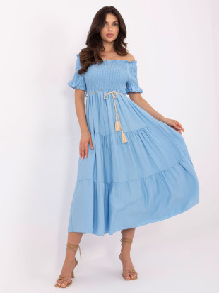 Modré letné midi šaty s off-shoulder strihom